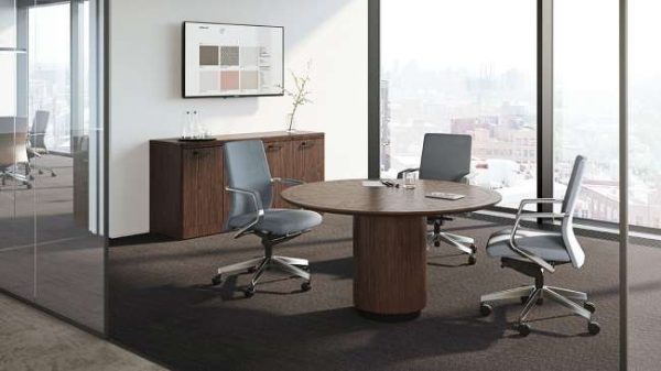 ofs meeting room tables conference alan desk 2 features: <ul> <li>available in the following shapes: round, rectangular, boat shaped, and racetrack</li> <li>laminate and veneer finish options available</li> <li>power modules available to integrate technology</li> <li>wire management is standard with this table collection</li> </ul>