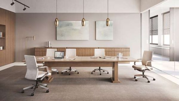 ofs meeting room tables conference alan desk 3 features: <ul> <li>available in the following shapes: round, rectangular, boat shaped, and racetrack</li> <li>laminate and veneer finish options available</li> <li>power modules available to integrate technology</li> <li>wire management is standard with this table collection</li> </ul>
