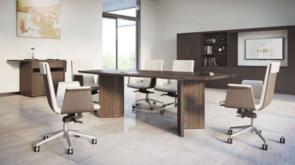 ofs meeting room tables conference alan desk 4 features: <ul> <li>available in the following shapes: round, rectangular, boat shaped, and racetrack</li> <li>laminate and veneer finish options available</li> <li>power modules available to integrate technology</li> <li>wire management is standard with this table collection</li> </ul>