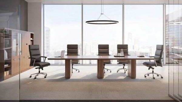 ofs meeting room tables conference alan desk 5 features: <ul> <li>available in the following shapes: round, rectangular, boat shaped, and racetrack</li> <li>laminate and veneer finish options available</li> <li>power modules available to integrate technology</li> <li>wire management is standard with this table collection</li> </ul>