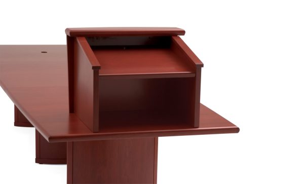 mill conf0018 scaled features <ul> <li>available in cherry, maple, walnut veneers</li> <li>available in laminate material</li> <li>lengths to fit 4 to 18 people</li> <li>top shapes include: rectangular, racetrack, boat shaped, arc ended, and round</li> <li>multiple base and power module options</li> </ul>