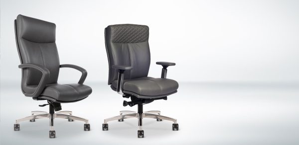 carmel conference seating via seating alan desk 11 features: <ul> <li>backrests: high or mid backs available in split or single shell forms.</li> <li>stitching: unique, tuxedo-style stitching with choice of adding executive diamond stitching to the headrests</li> <li>via seating's comfort foam</li> <li>arms: height adjustable and fixed, executive "c" shape options</li> <li>bases: five-star based available in black nylon, polished aluminum and brushed aluminum finishes</li> <li>jury seating: optional jury base on mid backs featuring height adjustment,  360 degree swivel and no weight return-to-center & return to max height</li> <li>max weight: 350 lb</li> <li>quick ship: 10 chairs produced in a 48 hour period</li> <li>warranty: 12 year warranty including the foam.</li> </ul>