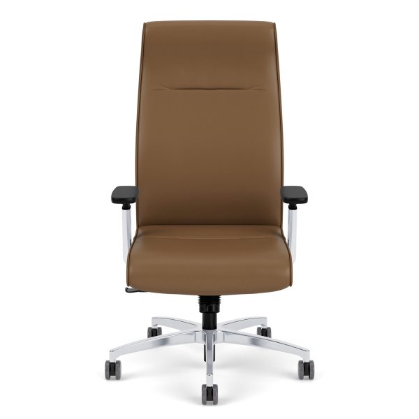 library images dyce 9a2 high back polished adjustable arm and base vialeather brown front45 features: <ul> <li><strong>backrest:</strong> mid and high backs offered.</li> <li><strong>upholstery:</strong> available in leather, vinyl, and solid fabric</li> <li><strong>foam:</strong> high-density, closed-cell, cold-cured, injection-molded foam using via seating’s proprietary process.</li> <li><strong>arms:</strong> height adjustable and multiple textured or upholstered fixed conference/executive arms.</li> <li><strong>control mechanisms:</strong> single position knee tilt mechanisms.</li> <li><strong>bases:</strong> five-star bases available in black nylon, polished aluminum and brushed aluminum finishes.</li> <li><strong>jury seating:</strong> optional jury base on mid backs featuring height adjustment, 360 degree swivel and no weight return-to-center & return to max height.</li> <li><strong>max weight:</strong> 300 lb. (see options for more details)</li> <li><strong><span class="orange">quick ship</span>:</strong> 10 chairs produced in a 48 hour period.</li> <li><strong><a href="https://viaseating.com/warranty/"><span class="orange">warranty</span></a>:</strong> 12 year warranty including the foam.</li> </ul>