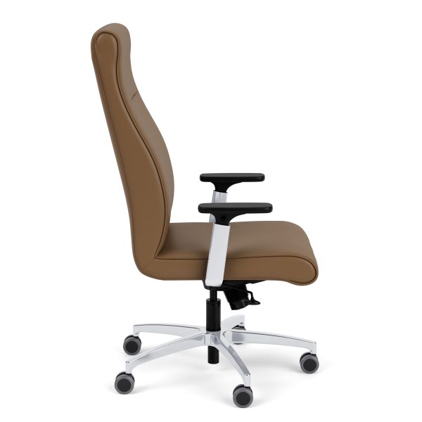 library images dyce 9a3 high back polished adjustable arm and base vialeather brown front45 features: <ul> <li><strong>backrest:</strong> mid and high backs offered.</li> <li><strong>upholstery:</strong> available in leather, vinyl, and solid fabric</li> <li><strong>foam:</strong> high-density, closed-cell, cold-cured, injection-molded foam using via seating’s proprietary process.</li> <li><strong>arms:</strong> height adjustable and multiple textured or upholstered fixed conference/executive arms.</li> <li><strong>control mechanisms:</strong> single position knee tilt mechanisms.</li> <li><strong>bases:</strong> five-star bases available in black nylon, polished aluminum and brushed aluminum finishes.</li> <li><strong>jury seating:</strong> optional jury base on mid backs featuring height adjustment, 360 degree swivel and no weight return-to-center & return to max height.</li> <li><strong>max weight:</strong> 300 lb. (see options for more details)</li> <li><strong><span class="orange">quick ship</span>:</strong> 10 chairs produced in a 48 hour period.</li> <li><strong><a href="https://viaseating.com/warranty/"><span class="orange">warranty</span></a>:</strong> 12 year warranty including the foam.</li> </ul>