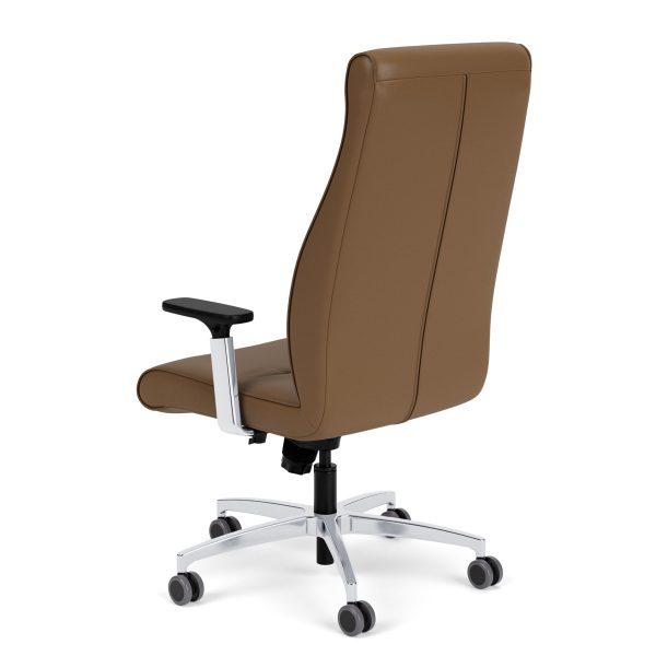 library images dyce 9a4 high back polished adjustable arm and base vialeather brown front45 features: <ul> <li><strong>backrest:</strong> mid and high backs offered.</li> <li><strong>upholstery:</strong> available in leather, vinyl, and solid fabric</li> <li><strong>foam:</strong> high-density, closed-cell, cold-cured, injection-molded foam using via seating’s proprietary process.</li> <li><strong>arms:</strong> height adjustable and multiple textured or upholstered fixed conference/executive arms.</li> <li><strong>control mechanisms:</strong> single position knee tilt mechanisms.</li> <li><strong>bases:</strong> five-star bases available in black nylon, polished aluminum and brushed aluminum finishes.</li> <li><strong>jury seating:</strong> optional jury base on mid backs featuring height adjustment, 360 degree swivel and no weight return-to-center & return to max height.</li> <li><strong>max weight:</strong> 300 lb. (see options for more details)</li> <li><strong><span class="orange">quick ship</span>:</strong> 10 chairs produced in a 48 hour period.</li> <li><strong><a href="https://viaseating.com/warranty/"><span class="orange">warranty</span></a>:</strong> 12 year warranty including the foam.</li> </ul>