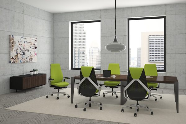 sol task chair 9to5 seating in a conference room with green fabric