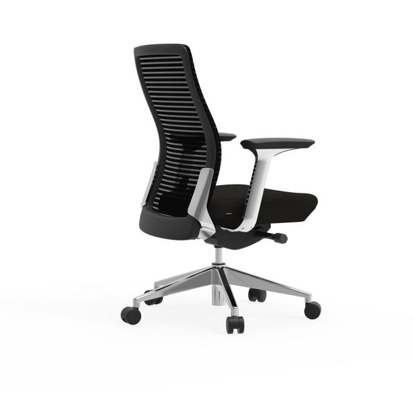 eon conference chair cherryman alan desk 1   <ul> <li><strong>frame:</strong> available in black frame with matching black mesh and arm pads or white frame with gray mesh and arm pads.</li> <li><strong>base:</strong> polished cast aluminum 5 star base.</li> <li><strong>mechanism:</strong> advanced synchro-tilt with seat slider adjustment (2”)</li> <li><strong>tilt:</strong> full-back 3 locking positions & tension adjustment.</li> <li><strong>height adjustment:</strong> pneumatic seat height adjustment (4”).</li> <li><strong>arms:</strong> diecast aluminum stationary arms - can be assembled with or without arms</li> <li><strong>seat:</strong> 3” thick polyurethane contoured seat.</li> <li><strong>durability:</strong> textile durability for seat and back mesh, 100,000 doublerubs. passes cal technical bulletin117-2013.</li> <li><strong>certification:</strong> ansi/bifma x5.1 general purpose office chair certified. recycling content: 40% post-consumer (pc) & 18% preconsumer (pi) aggregate recycled content.</li> <li><strong>warranty:</strong> limited lifetime warranty.</li> </ul>