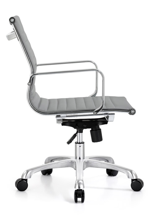 classic mid back conference chair woodstock alan desk 10 <ul> <li>eco leather seating surfaces</li> <li>available in black, off-white, and gray</li> <li>high polished triple plated chrome frame</li> <li>hand polished aluminum base</li> <li>oversized 60mm casters</li> <li>adjustable tilt tension</li> <li>tilt lock</li> <li>pneumatic gas height adjustment</li> <li>generous dimensions</li> <li>rated for 250 pounds</li> <li>available as a high back version.</li> </ul>