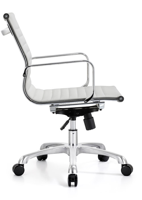 classic mid back conference chair woodstock alan desk 14 <ul> <li>eco leather seating surfaces</li> <li>available in black, off-white, and gray</li> <li>high polished triple plated chrome frame</li> <li>hand polished aluminum base</li> <li>oversized 60mm casters</li> <li>adjustable tilt tension</li> <li>tilt lock</li> <li>pneumatic gas height adjustment</li> <li>generous dimensions</li> <li>rated for 250 pounds</li> <li>available as a high back version.</li> </ul>