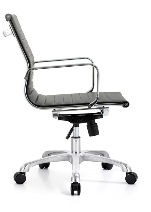 classic mid back conference chair woodstock alan desk 2 <ul> <li>eco leather seating surfaces</li> <li>available in black, off-white, and gray</li> <li>high polished triple plated chrome frame</li> <li>hand polished aluminum base</li> <li>oversized 60mm casters</li> <li>adjustable tilt tension</li> <li>tilt lock</li> <li>pneumatic gas height adjustment</li> <li>generous dimensions</li> <li>rated for 250 pounds</li> <li>available as a high back version.</li> </ul>
