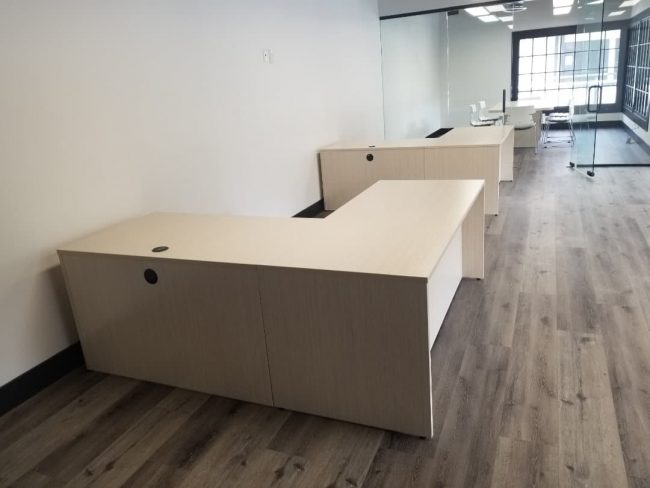 maverick desk l shape in asian sand laminate