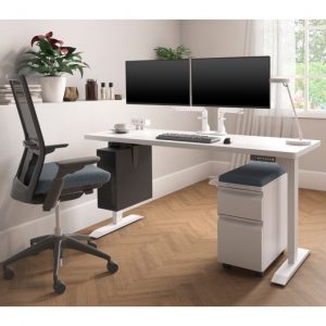 HAT Standing desk white frame with white top and mobile pedestal and monitor arm