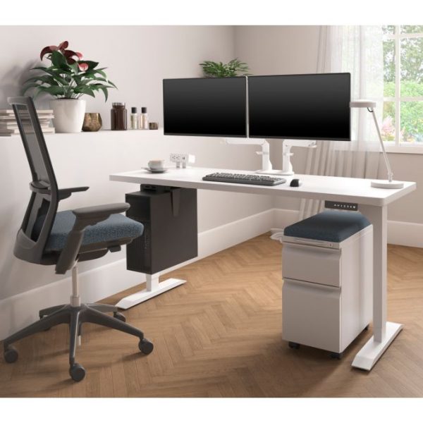 hat standing desk white frame with white top and mobile pedestal and monitor arm