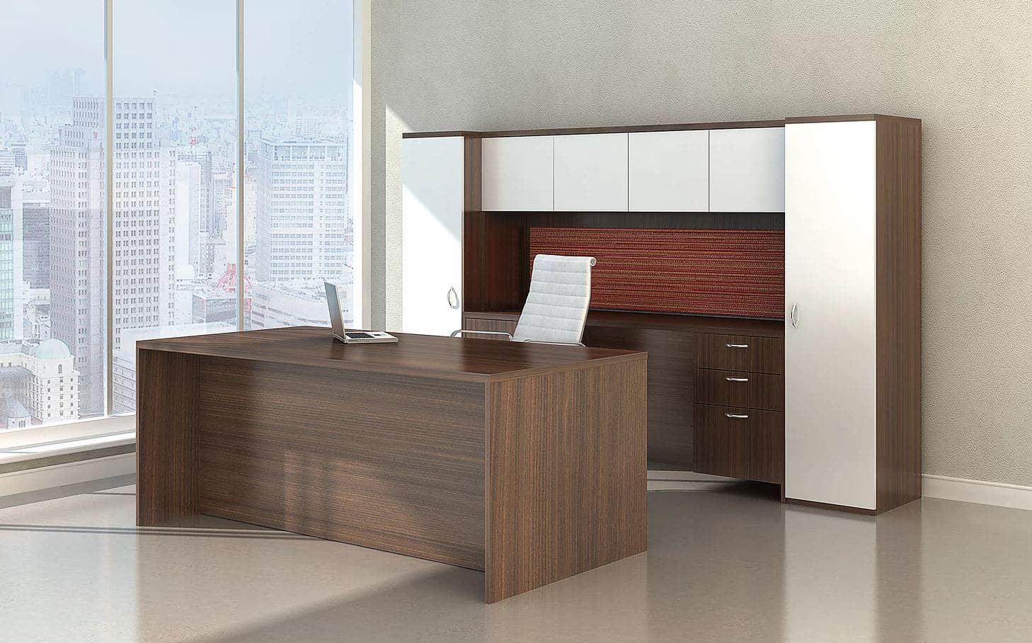 maverick series desk with credenza hutch and wardrobe storage on each side