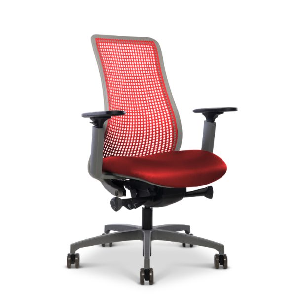 genie flex via seating task chair with gray frame and red mesh back