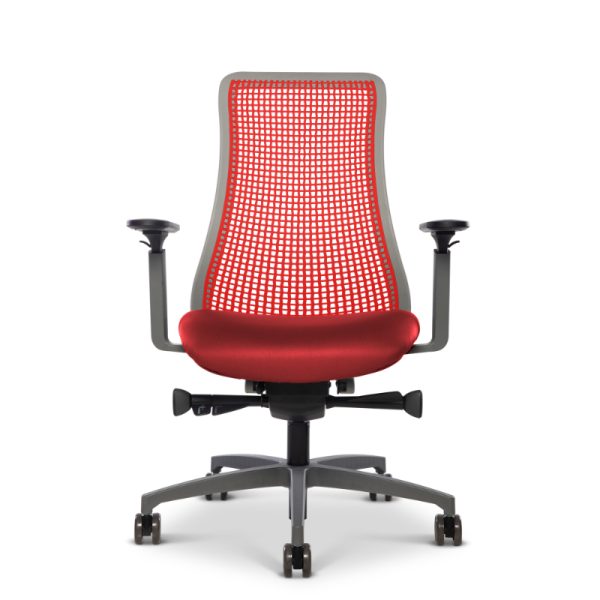 genie flex via seating task chair with gray frame and red mesh back front view