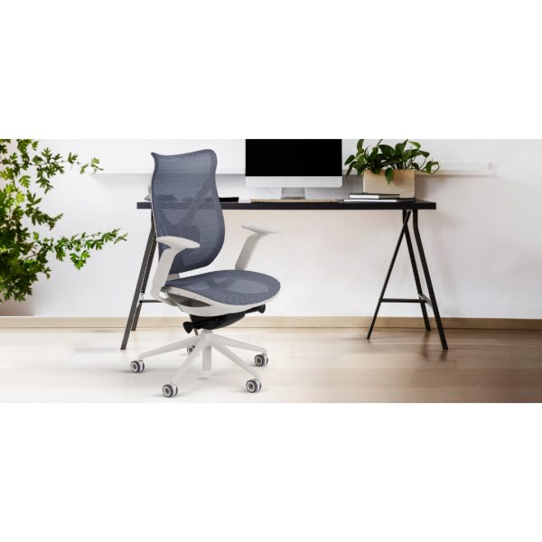 via seating onda chair and home desk <ul> <li><span style="color: #ff6600;">=- available to try in our showroom -=</span></li> <li>part of our top 10 ergonomic chairs</li> <li>available as a high back and mid back</li> <li>flocked mesh with a soft hand available in 5 colors</li> <li>biocidal, self-sanitizing copper mesh colors available (black and copper)</li> <li>multiple control mechanisms (body balance, synchro, and task stool)</li> <li>integrated, adjustable lumbar support</li> <li>frame colors: black or light grey</li> <li>max weight: 300 lb</li> <li>orders less than 10 chairs ship in 48 hours</li> <li>12 year warranty</li> </ul>