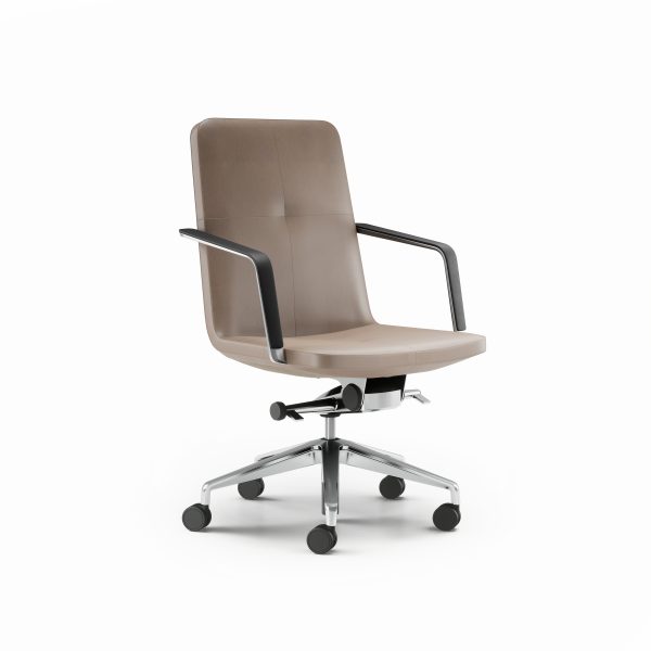swav 94252 frontangle scaled <ul> <li> <p>mid back: sleek profile with a unique insert for added texture and customizable finishes. equipped with a knee tilt mechanism, ideal for meetings and conference rooms.</p> </li> <li> <p>low back: lightly scaled with a thin side profile and classic loop arms, exuding an understated elegance.</p> </li> </ul> <p>experience the blend of luxury and modernism in this design.</p>