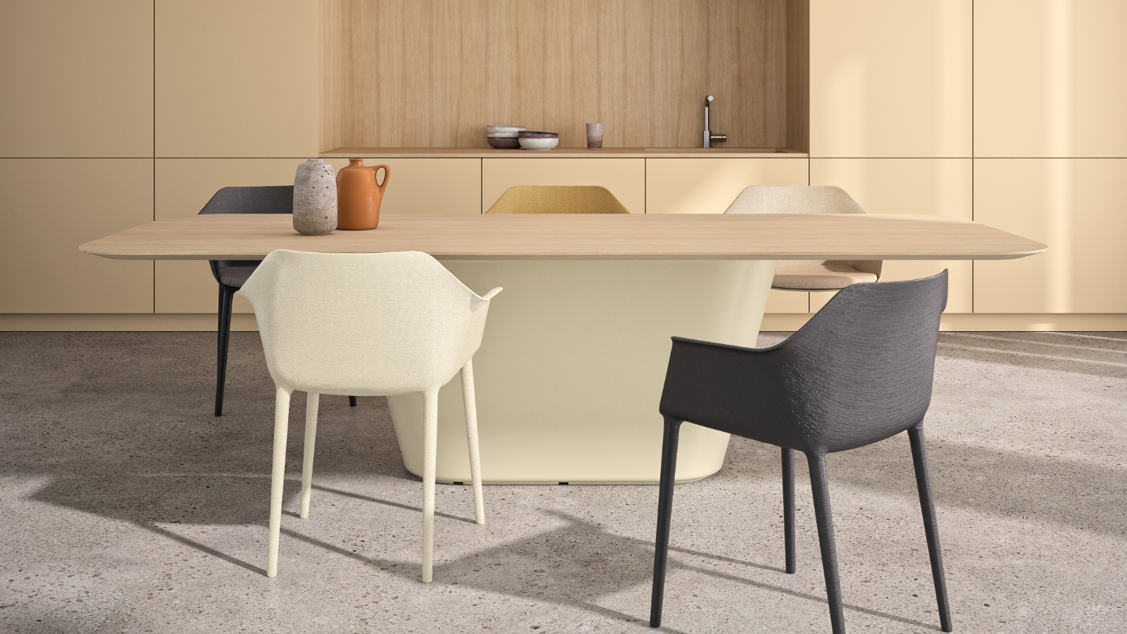 proa table andreu world 3 1 <p>harmoniously creating a continuous and fluid path around its entire contour. behind its simplicity lies a complete technical development with extensive connectivity possibilities. its base is made of pure eco® thermopolymer, a 100% recycled and recyclable material in various colors.</p>