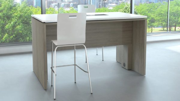 maverick desk community table with a white top and beachwood chassis