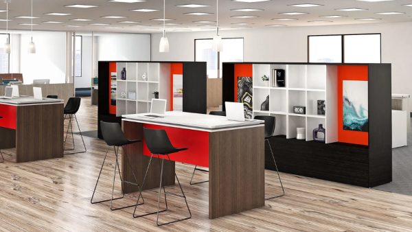 maverick desk community tables in an open plan office