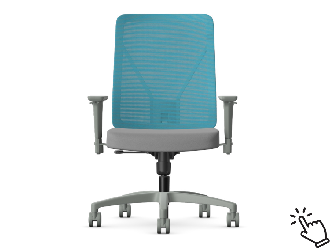 allseating levo task chair in gray frame with blue mesh back and gray fabric
