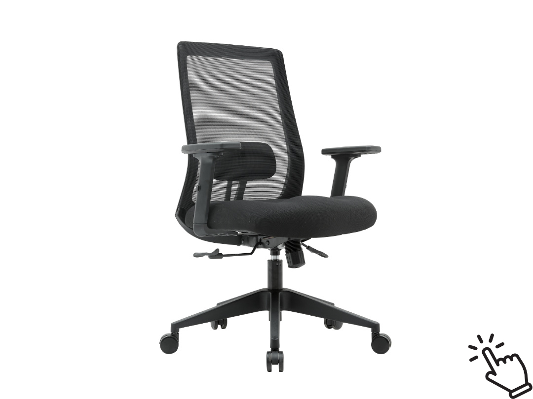 ods caressa task chair that is in a black frame with back fabric. this chair is in stock and ready to ship