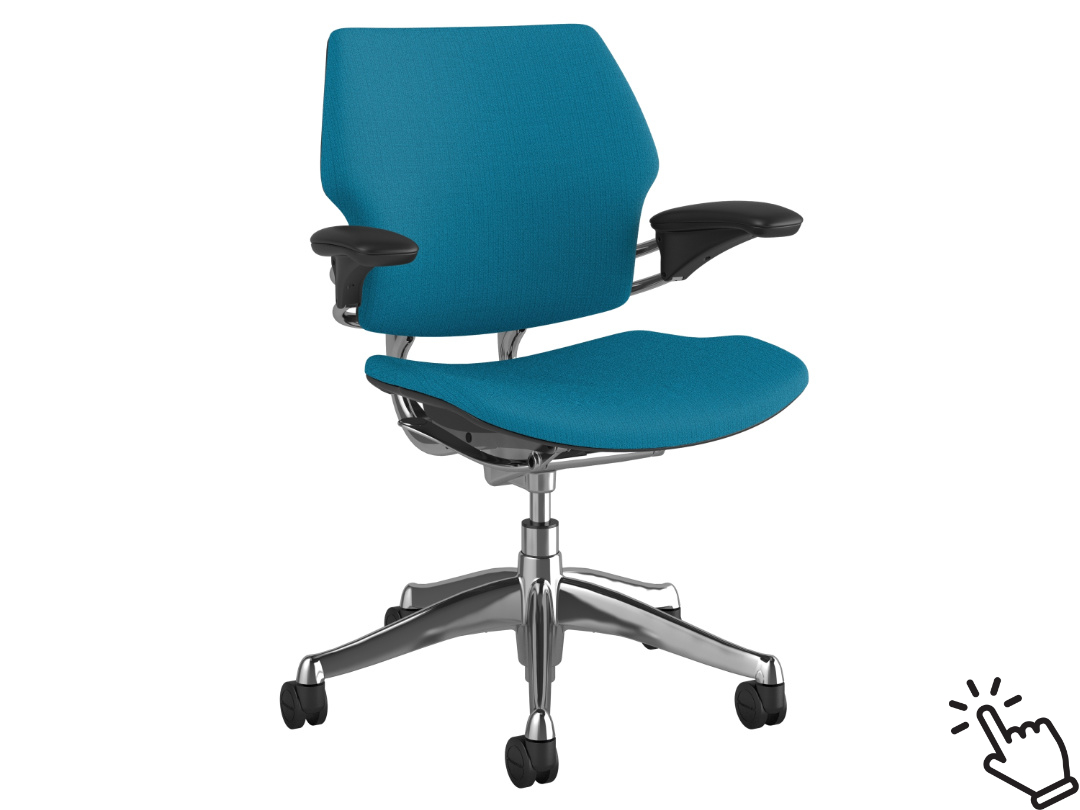 humanscale freedom mid back chair in a blue fabric and a polished aluminum base
