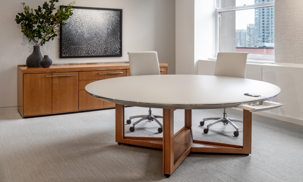 ascari-meeting-round-table-and-credenza-nucraft furniture