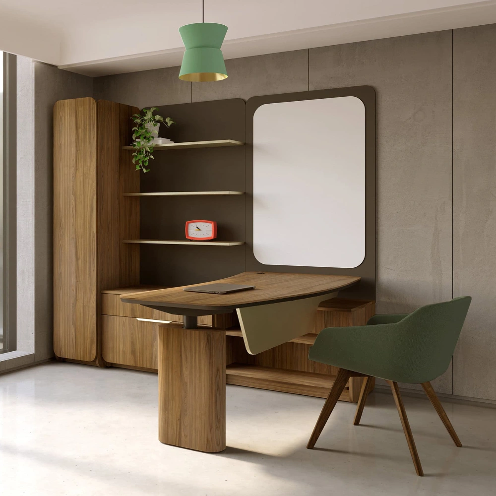 deskmakers era height adjustable l shape desk with wardrobe in office setting